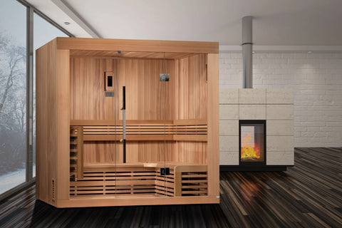 Golden Designs Copenhagen three-person traditional sauna with light wood construction, glass doors, bench seating, and contro