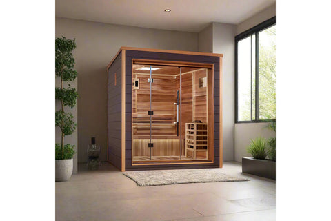 Golden Designs Drammen 3-person traditional sauna with cedar wood interior, glass doors, and dark brown exterior on white bac
