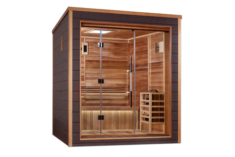 Golden Designs Drammen 3-person traditional sauna with cedar wood interior, glass doors, and dark brown exterior on white bac