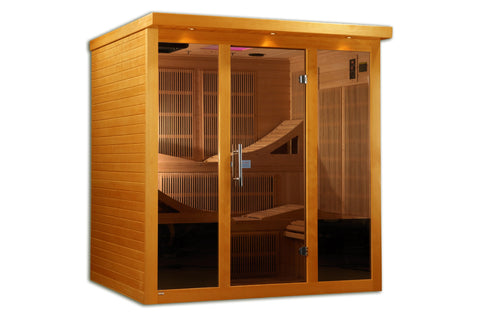 Golden cedar 6-person infrared sauna with glass and wood doors, bench seating, and control panel visible on right side