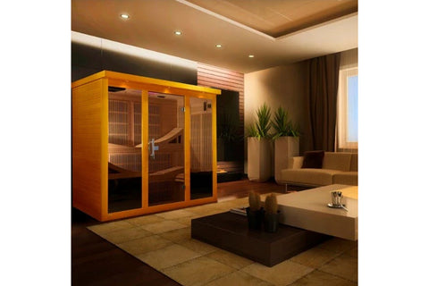 Golden cedar 6-person infrared sauna with glass and wood doors, bench seating, and control panel visible on right side