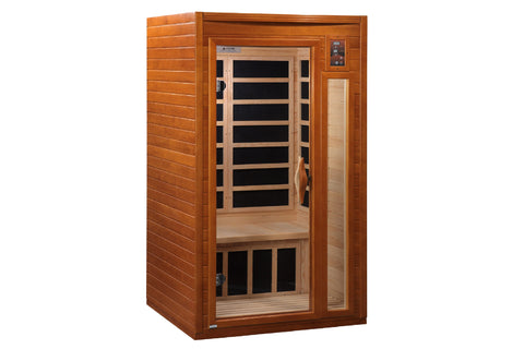 Cedar wood infrared sauna with glass door, wooden bench, and digital control panel on right side