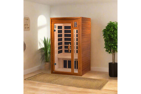 Cedar wood infrared sauna with glass door, wooden bench, and digital control panel on right side