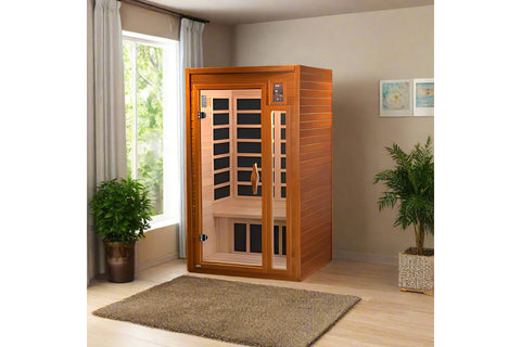 Dynamic Barcelona Elite infrared sauna with cedar wood construction, glass door panel, and digital control panel on white bac