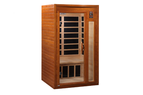 Dynamic Barcelona Elite infrared sauna with cedar wood construction, glass door panel, and digital control panel on white bac