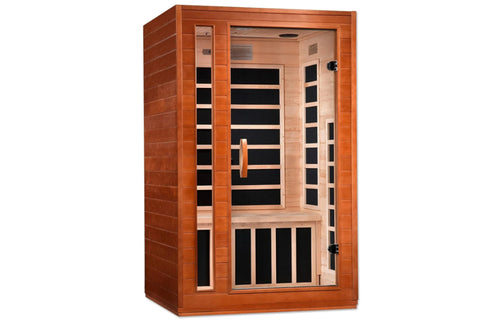 Cedar wood infrared sauna cabin with glass door, black heater panels, and control panel on white background