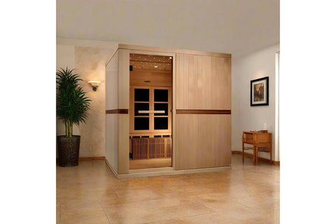Light wood infrared sauna with glass front door, interior bench seating, ceiling lights, and dark trim accent on white backgr