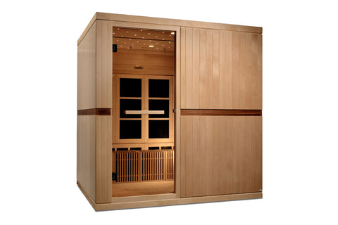 Light wood infrared sauna with glass front door, interior bench seating, ceiling lights, and dark trim accent on white backgr