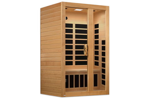 Natural cedar wood 2-person infrared sauna with black heating panels and glass doors on white background