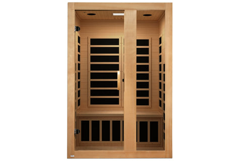 Natural cedar wood 2-person infrared sauna with black heating panels and glass doors on white background
