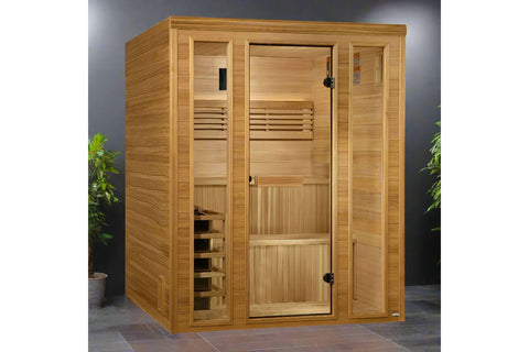 Golden Designs Engelberg 6-person traditional steam sauna with light cedar wood construction, glass door, wooden benches, and
