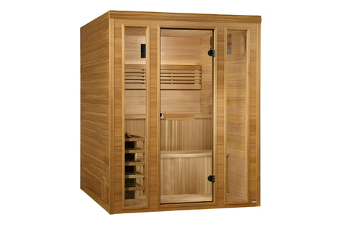 Golden Designs Engelberg 6-person traditional steam sauna with light cedar wood construction, glass door, wooden benches, and
