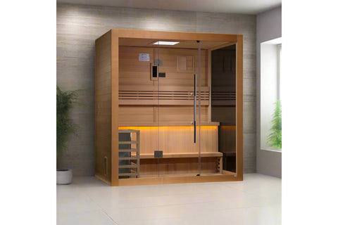 Golden Designs Forssa Edition sauna with cedar wood frame, glass doors, bench seating, and illuminated interior in modern spa