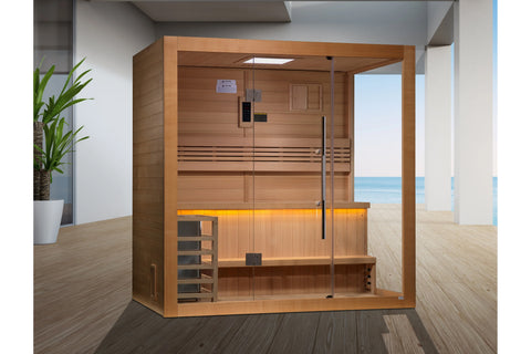 Golden Designs Forssa Edition sauna with cedar wood frame, glass doors, bench seating, and illuminated interior in modern spa