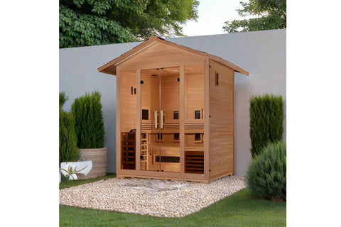 Cedar wood outdoor sauna cabin with peaked roof, full-spectrum glass front doors, and multiple interior benches, displayed on