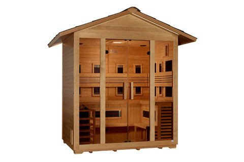 Cedar wood outdoor sauna cabin with peaked roof, full-spectrum glass front doors, and multiple interior benches, displayed on