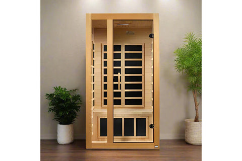 Golden Designs Gracia infrared sauna with natural wood construction, glass doors, and black carbon heating panels, front-faci