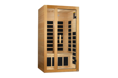 Golden Designs Gracia infrared sauna with natural wood construction, glass doors, and black carbon heating panels, front-faci