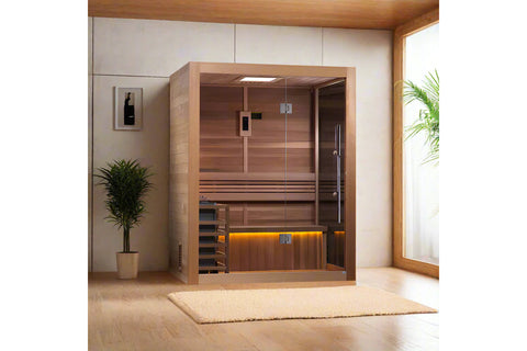 Golden Designs Hanko Edition 2-3 person indoor sauna with cedarwood cabin, glass door, bench seating, and amber ambient light