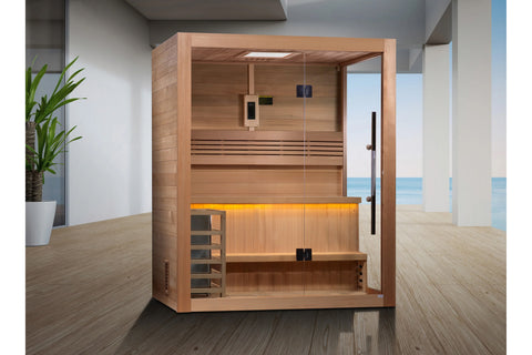 Golden Designs Hanko Edition 2-3 person indoor sauna with cedarwood cabin, glass door, bench seating, and amber ambient light