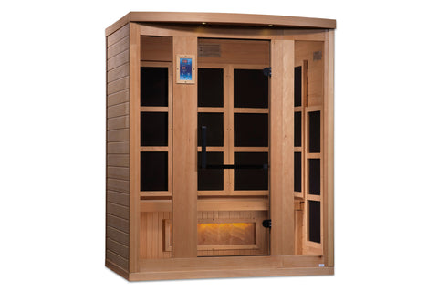 Golden Designs Hotel 3-person infrared sauna with red cedar wood construction, glass-panel doors, digital control panel, and 