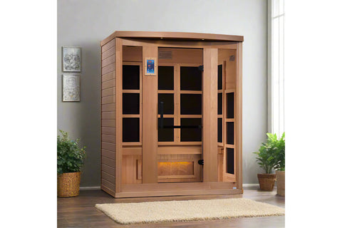 Golden Designs Hotel 3-person infrared sauna with red cedar wood construction, glass-panel doors, digital control panel, and 