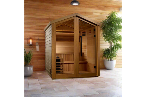 Golden Designs Kaarina cedar wood sauna with glass double doors, wooden benches, and interior lighting on white background