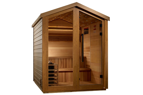 Golden Designs Kaarina cedar wood sauna with glass double doors, wooden benches, and interior lighting on white background