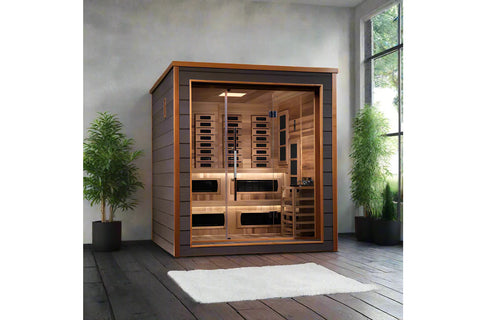 Golden Designs Karlstad 6-person sauna with cedar interior, glass double doors, multiple infrared heaters, and wooden bench s