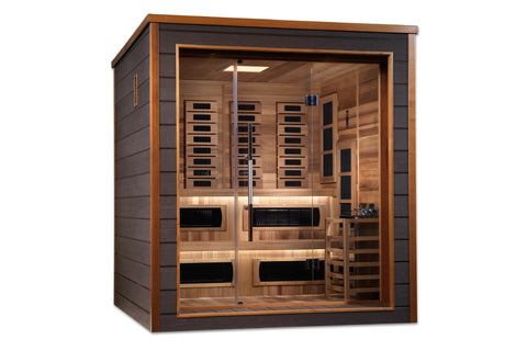 Golden Designs Karlstad 6-person sauna with cedar interior, glass double doors, multiple infrared heaters, and wooden bench s