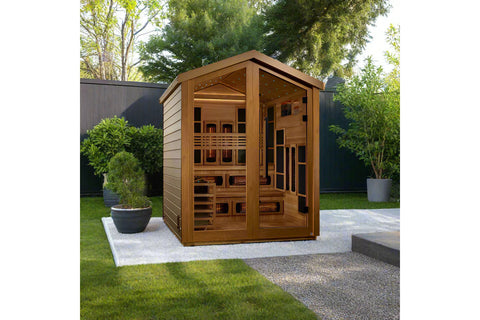 Golden Designs Kaskinen 6-person hybrid sauna with cedar wood construction, glass doors, infrared heaters, and bench seating 