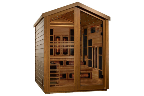 Golden Designs Kaskinen 6-person hybrid sauna with cedar wood construction, glass doors, infrared heaters, and bench seating 