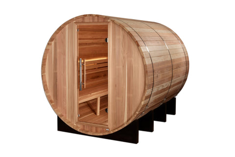 Golden Designs Klosters barrel sauna with cedar wood exterior, open door revealing wooden interior benches, on white backgrou