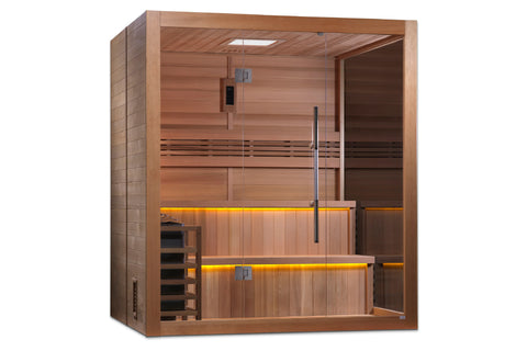 Golden Designs Kuusamo Edition 6-person sauna with cedar wood frame, glass door, built-in benches with yellow accent lighting
