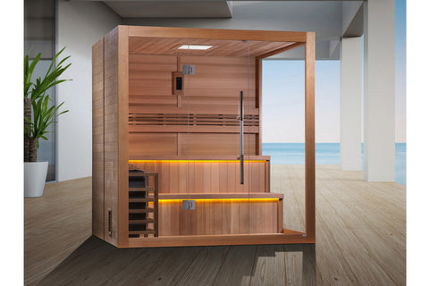 Golden Designs Kuusamo Edition 6-person sauna with cedar wood frame, glass door, built-in benches with yellow accent lighting