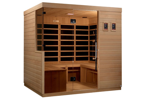 Dynamic La Sagrada 6-person indoor far infrared sauna with light wood construction, glass doors, and digital control panels o