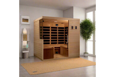 Dynamic La Sagrada 6-person indoor far infrared sauna with light wood construction, glass doors, and digital control panels o