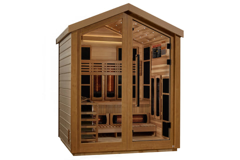 Golden Designs Loviisa 3-person hybrid sauna with cedar wood exterior, glass doors, infrared heaters, and bench seating on wh