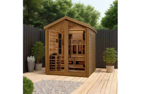 Golden Designs Loviisa 3-person hybrid sauna with cedar wood exterior, glass doors, infrared heaters, and bench seating on wh