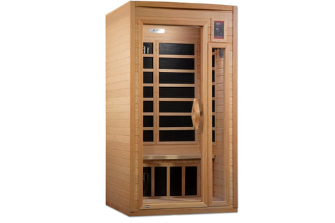 Wooden infrared sauna cabin with glass door, black interior bench seating, digital control panel on right side, and light woo
