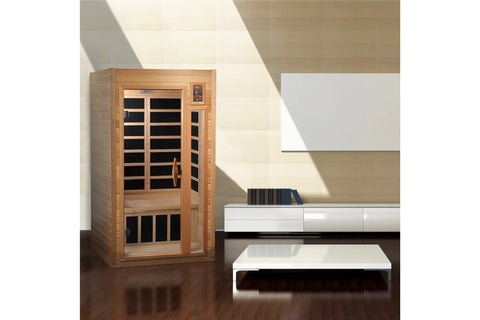 Wooden infrared sauna cabin with glass door, black interior bench seating, digital control panel on right side, and light woo
