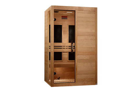 Cedar wood sauna with two tinted glass doors and black interior benches, featuring ventilation vents and metal handles, on wh