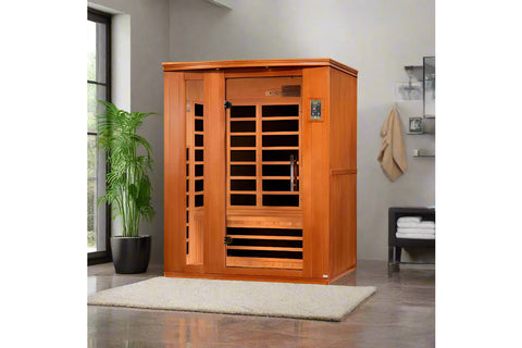 Cedar wood far infrared sauna cabin with glass door panels and black heating elements, digital control panel on right side, a