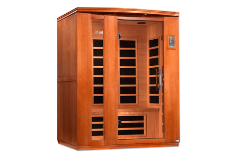 Cedar wood far infrared sauna cabin with glass door panels and black heating elements, digital control panel on right side, a