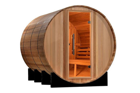 Wooden barrel sauna with natural cedar exterior, open glass door revealing orange-tinted interior with wooden benches and met