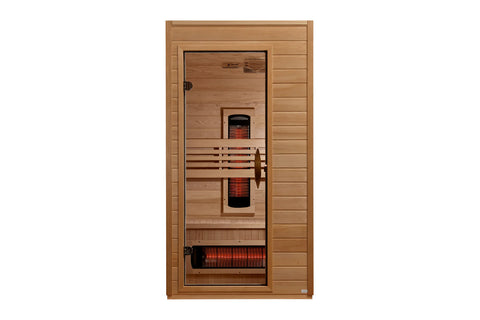 Golden Designs Martin infrared sauna cabin in light wood with glass door, red heating elements visible inside, and wooden ben