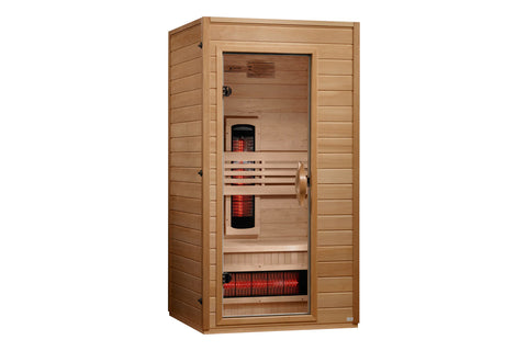 Golden Designs Martin infrared sauna cabin in light wood with glass door, red heating elements visible inside, and wooden ben