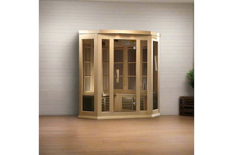 Maxxus 3-person corner sauna with light wood exterior, glass doors, and vertical slat interior panels on white background