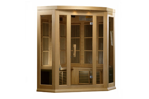 Maxxus 3-person corner sauna with light wood exterior, glass doors, and vertical slat interior panels on white background