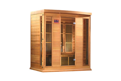Cedar wood infrared sauna cabin with glass doors, carbon heaters, and digital control panel on white background